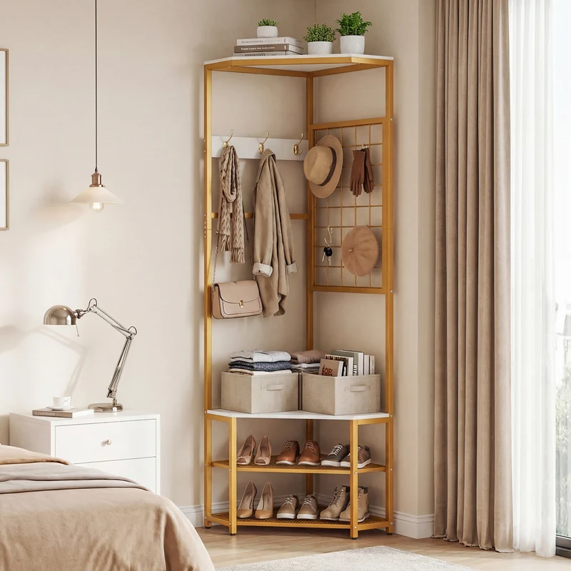 Corner Hall Tree Freestanding Coat Rack with Storage Shelves Removable Hooks, White