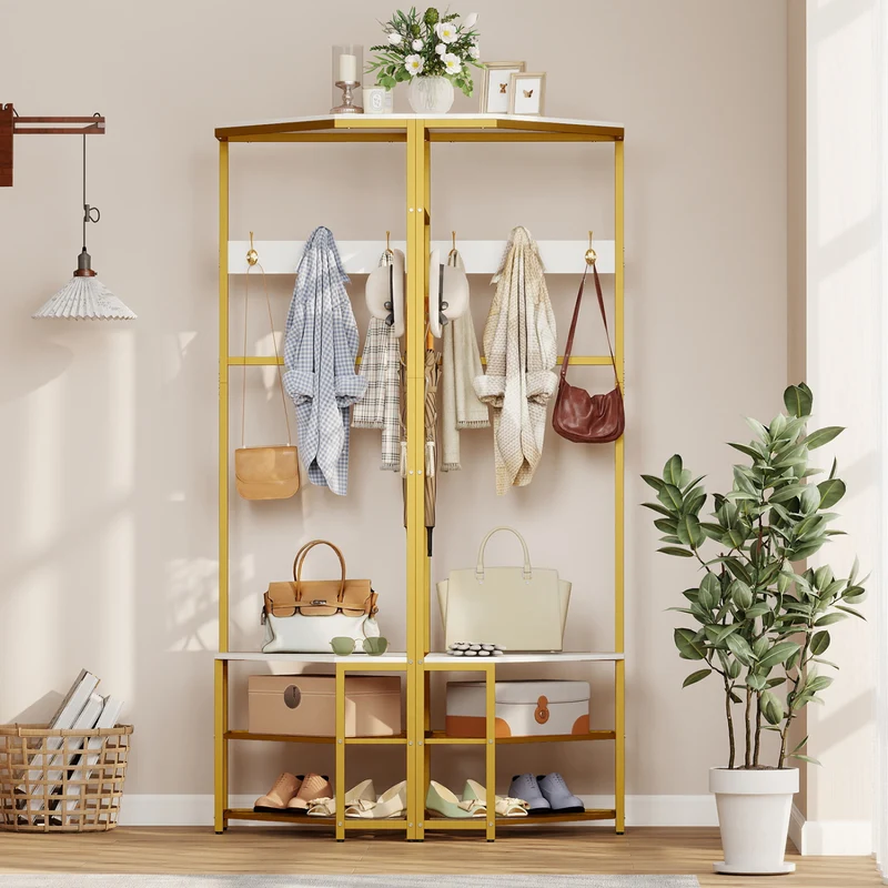 Corner Hall Tree Freestanding Coat Rack with Storage Shelves Removable Hooks, White