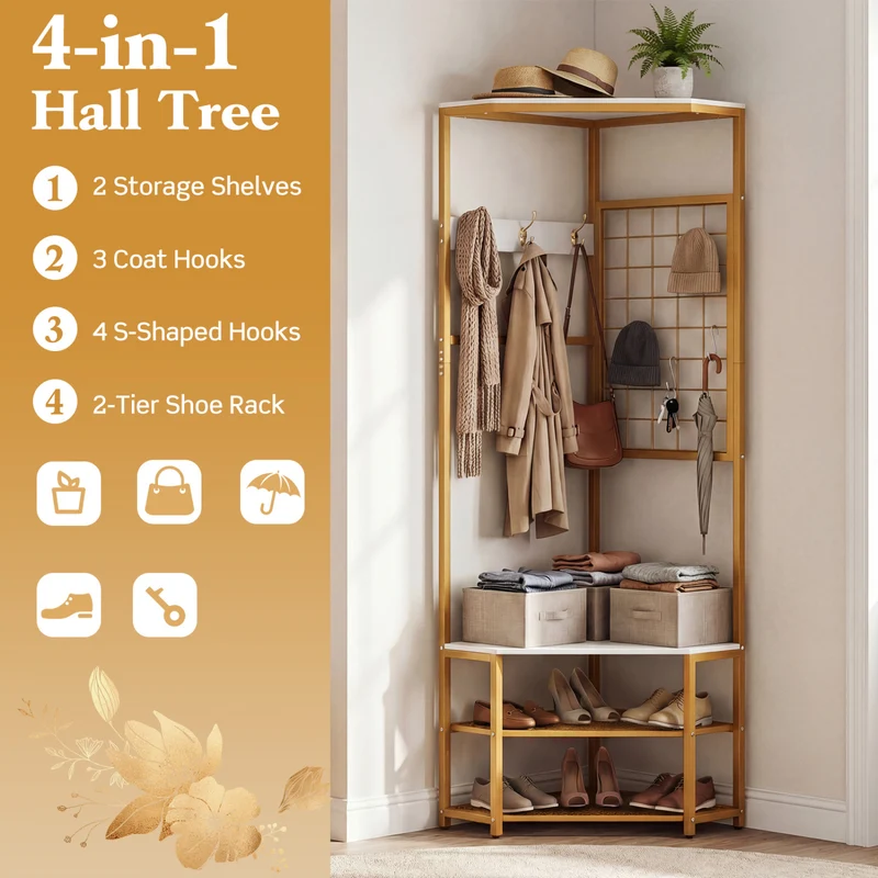 Corner Hall Tree Freestanding Coat Rack with Storage Shelves Removable Hooks, White