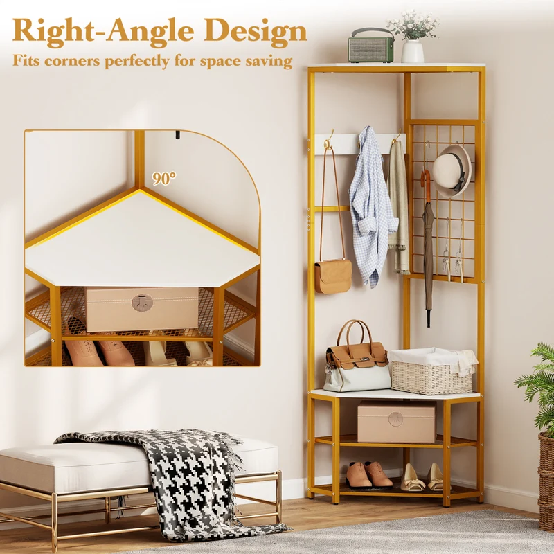 Corner Hall Tree Freestanding Coat Rack with Storage Shelves Removable Hooks, White