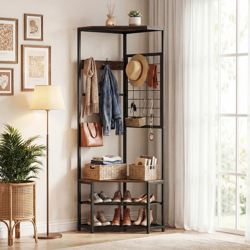 Corner Hall Tree Freestanding Coat Rack with Storage Shelves Removable Hooks, Brown