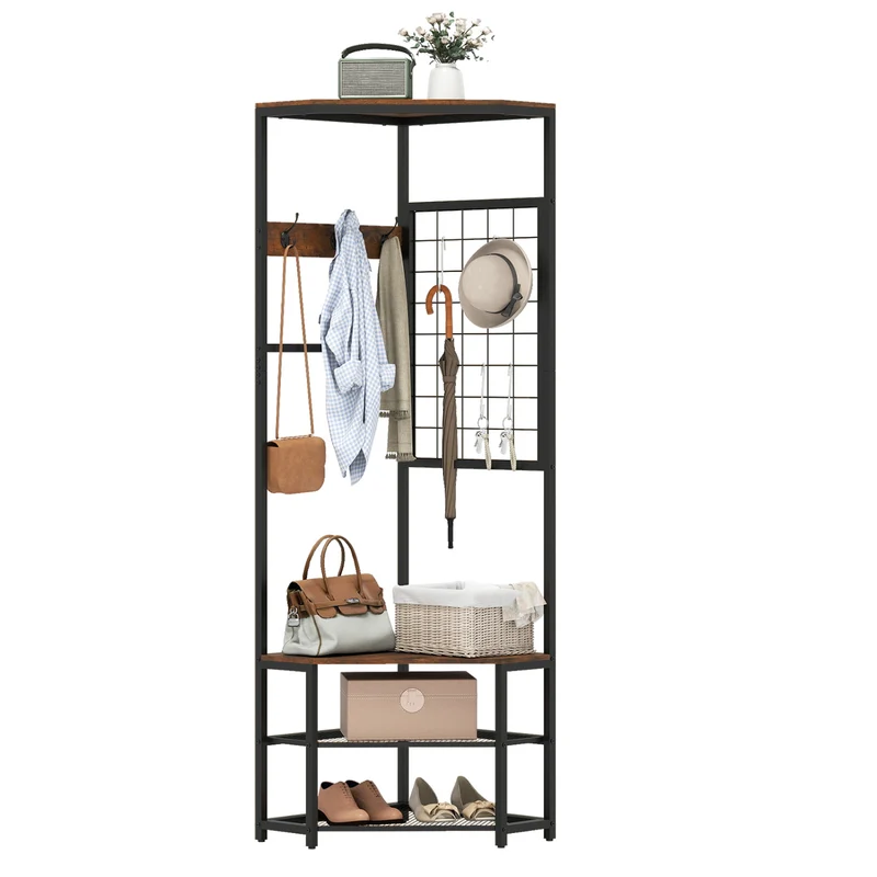 Corner Hall Tree Freestanding Coat Rack with Storage Shelves Removable Hooks, Brown