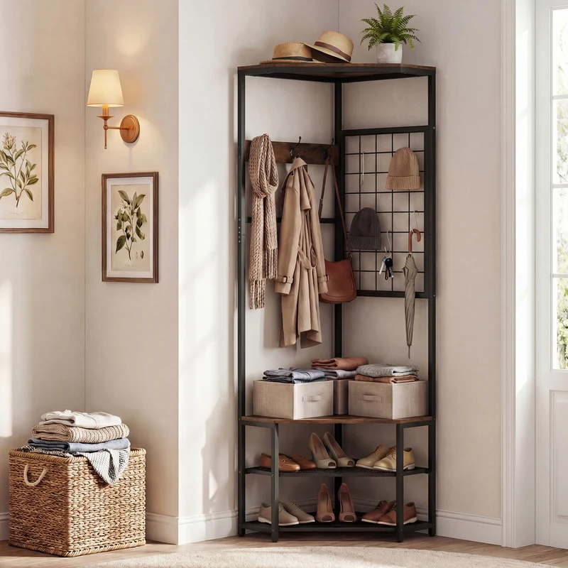 Corner Hall Tree Freestanding Coat Rack with Storage Shelves Removable Hooks, Brown