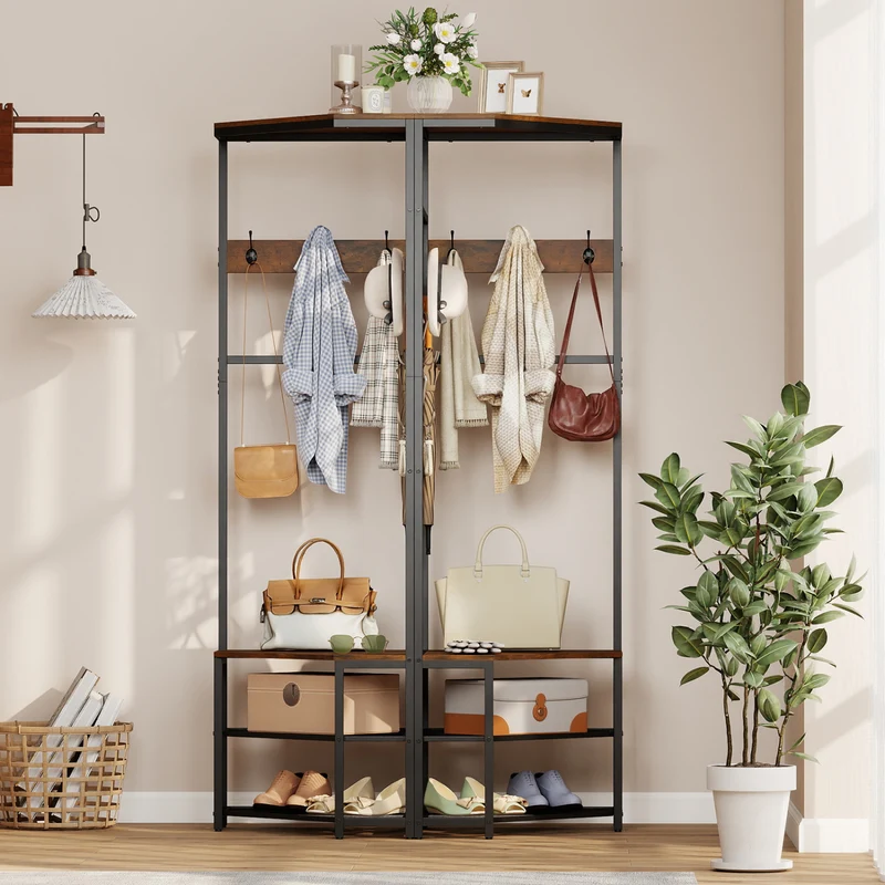 Corner Hall Tree Freestanding Coat Rack with Storage Shelves Removable Hooks, Brown