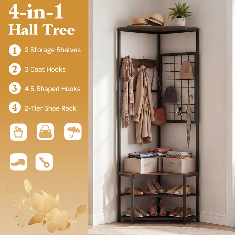 Corner Hall Tree Freestanding Coat Rack with Storage Shelves Removable Hooks, Brown
