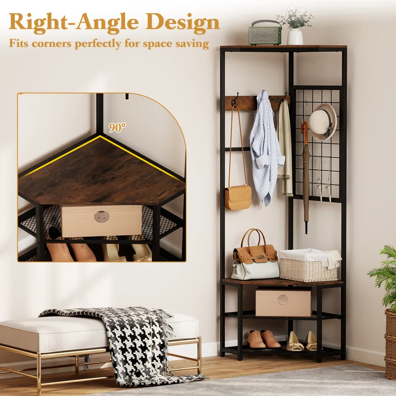 Corner Hall Tree Freestanding Coat Rack with Storage Shelves Removable Hooks, Brown