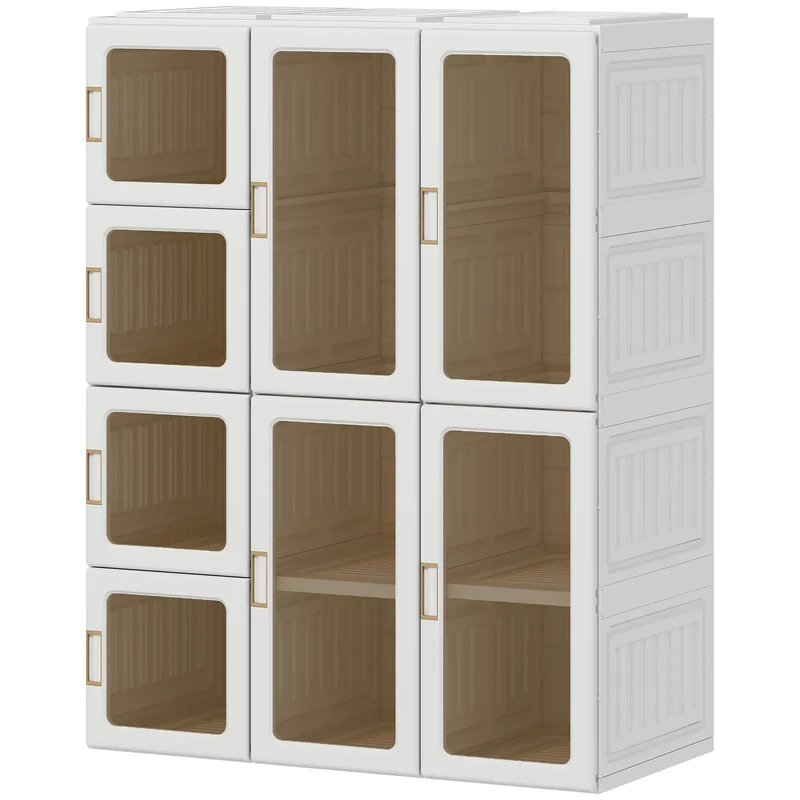 Portable Wardrobe, Foldable Plastic Closet, 8 Compartments, 2 Hanging Rods, Brown