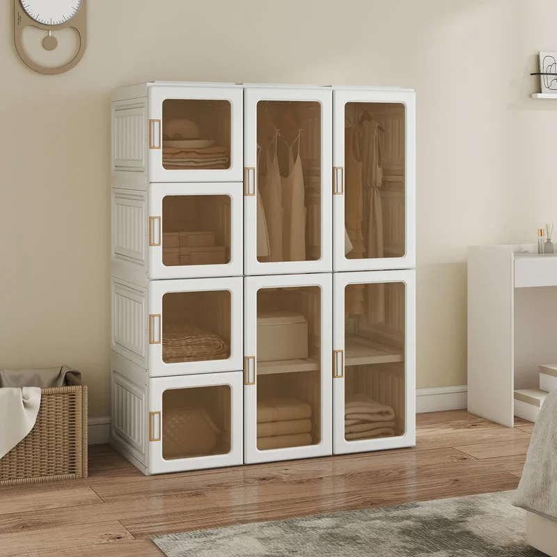Portable Wardrobe, Foldable Plastic Closet, 8 Compartments, 2 Hanging Rods, Brown
