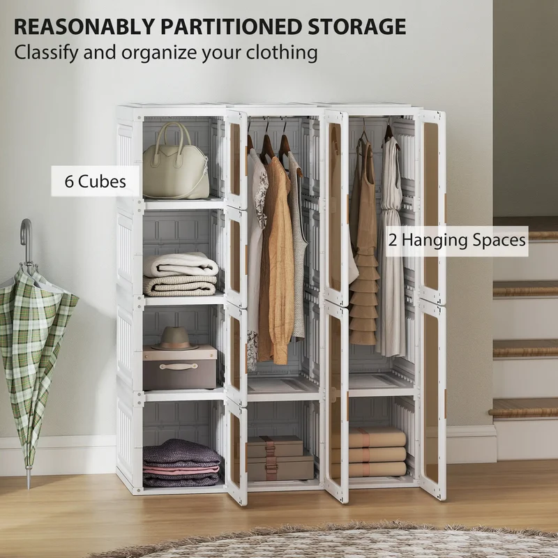 Portable Wardrobe, Foldable Plastic Closet, 8 Compartments, 2 Hanging Rods, Brown