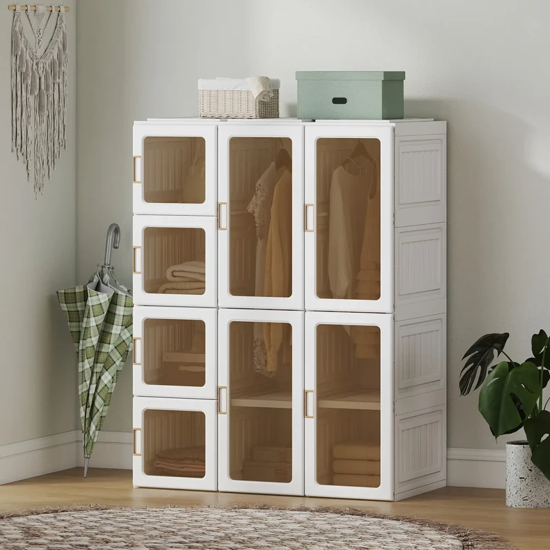 Portable Wardrobe, Foldable Plastic Closet, 8 Compartments, 2 Hanging Rods, Brown