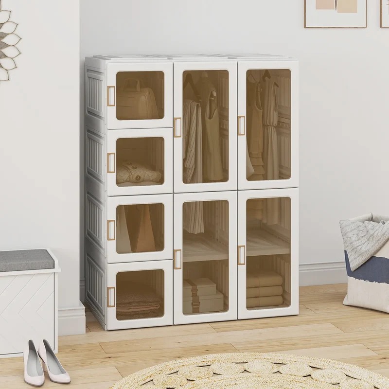 Portable Wardrobe, Foldable Plastic Closet, 8 Compartments, 2 Hanging Rods, Brown