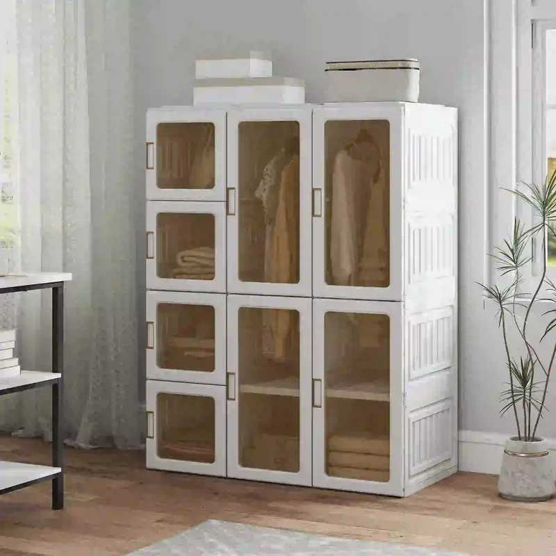 Portable Wardrobe, Foldable Plastic Closet, 8 Compartments, 2 Hanging Rods, Brown