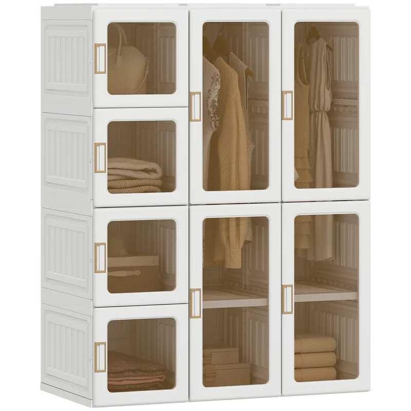Portable Wardrobe, Foldable Plastic Closet, 8 Compartments, 2 Hanging Rods, Brown