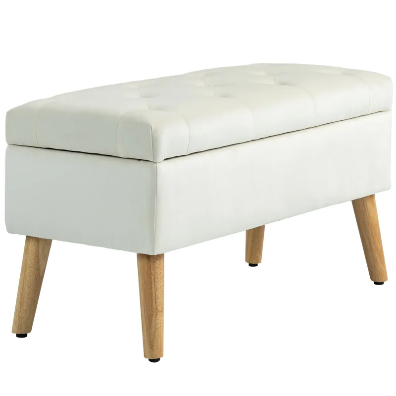 Velvet Storage Ottoman with Lid, Wood Legs, Cream White