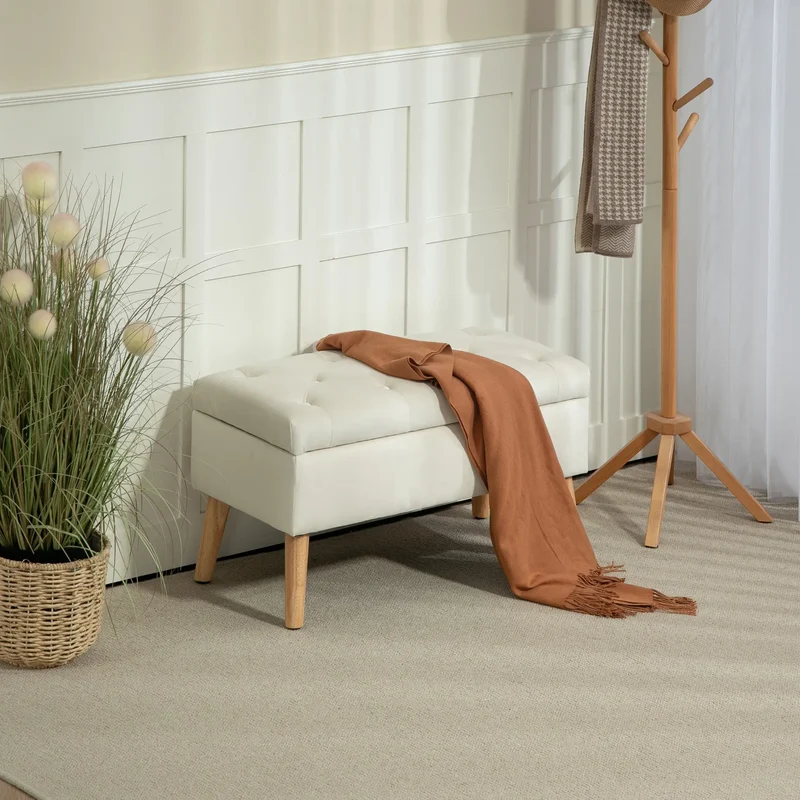 Velvet Storage Ottoman with Lid, Wood Legs, Cream White
