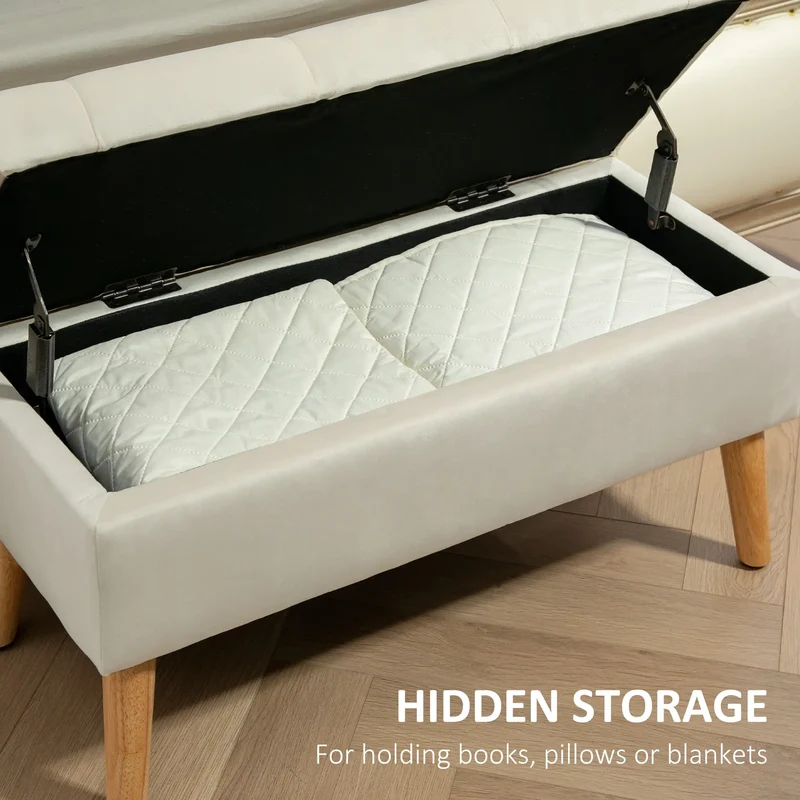 Velvet Storage Ottoman with Lid, Wood Legs, Cream White