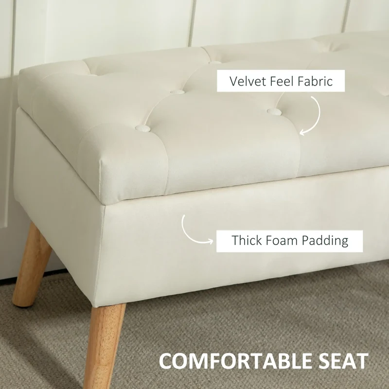 Velvet Storage Ottoman with Lid, Wood Legs, Cream White