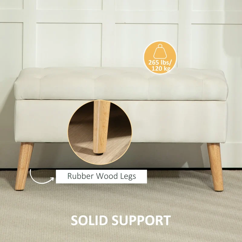 Velvet Storage Ottoman with Lid, Wood Legs, Cream White