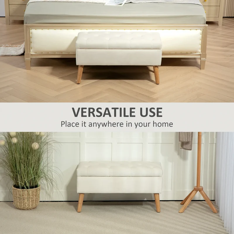 Velvet Storage Ottoman with Lid, Wood Legs, Cream White