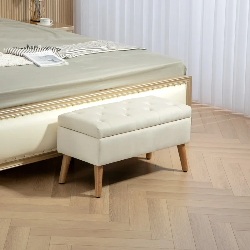 Velvet Storage Ottoman with Lid, Wood Legs, Cream White