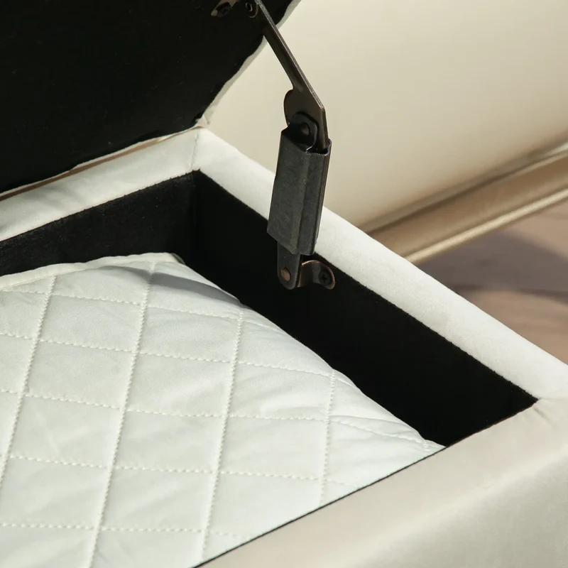 Velvet Storage Ottoman with Lid, Wood Legs, Cream White