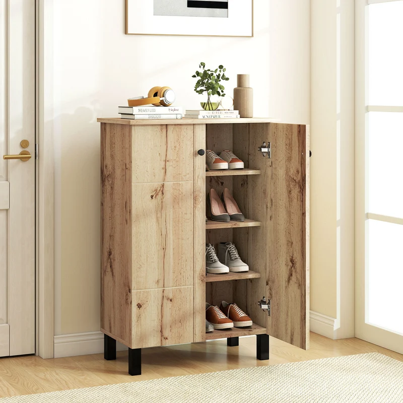 4-Tier Shoe Organizer with Removable Shelves and 2 Doors, Natural