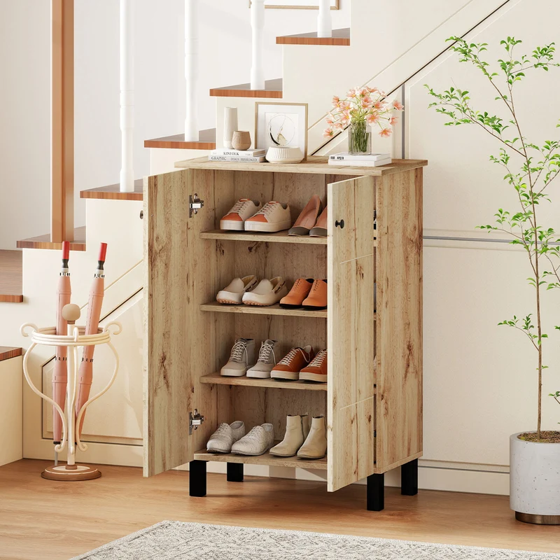 4-Tier Shoe Organizer with Removable Shelves and 2 Doors, Natural