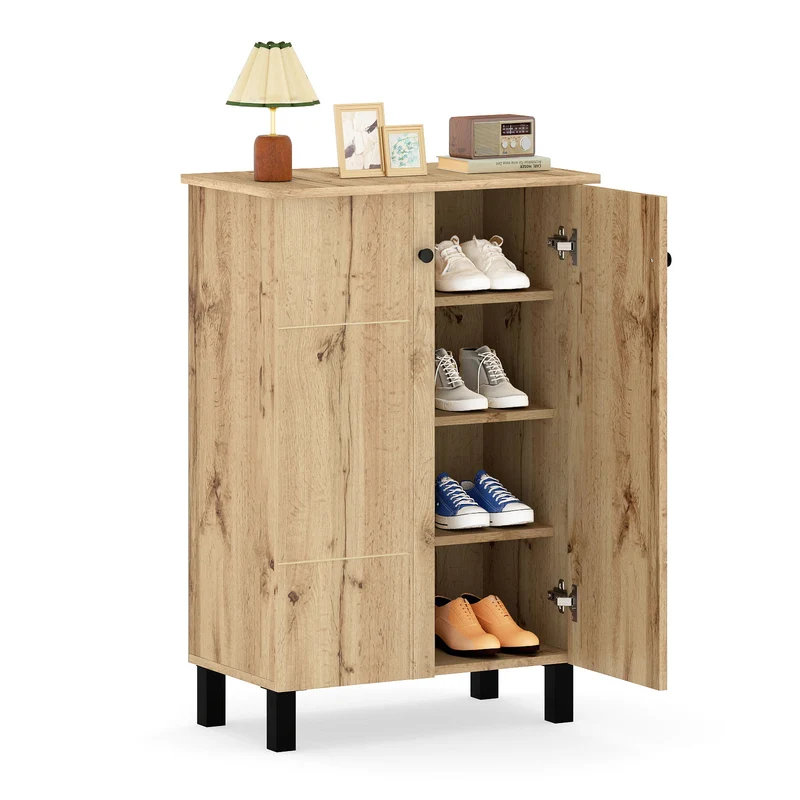 4-Tier Shoe Organizer with Removable Shelves and 2 Doors, Natural