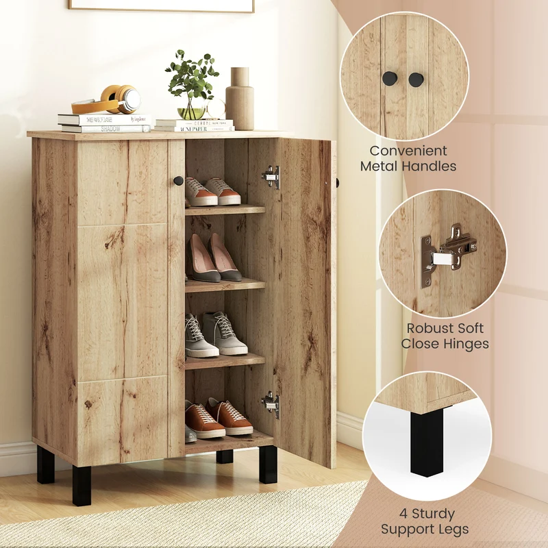 4-Tier Shoe Organizer with Removable Shelves and 2 Doors, Natural