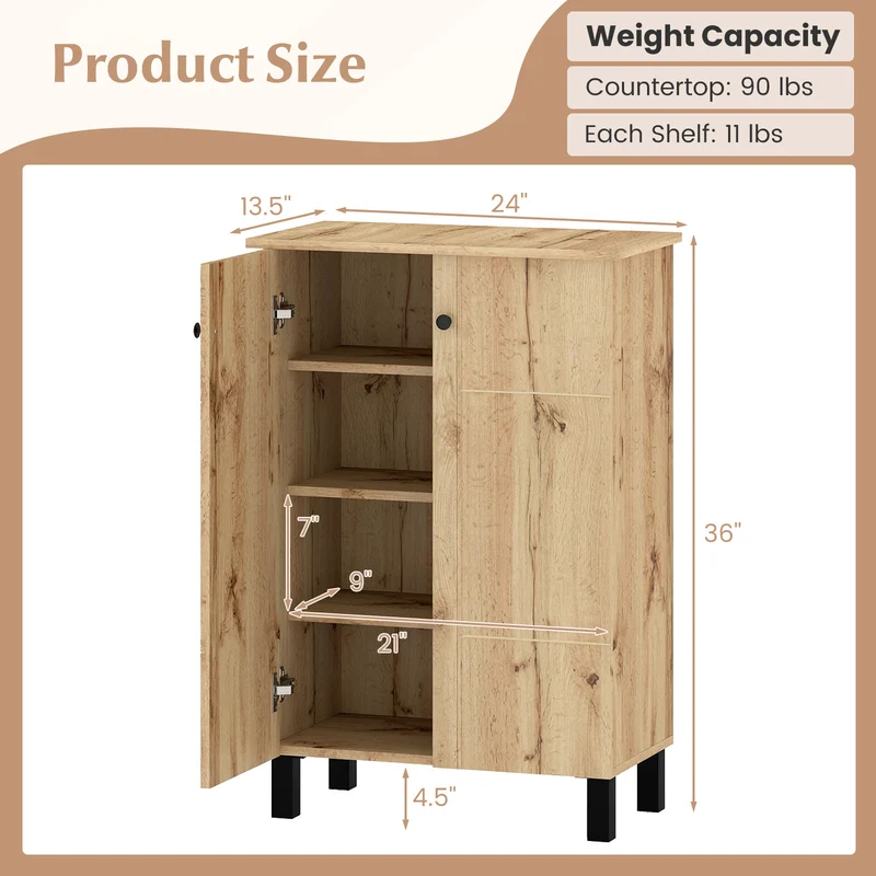 4-Tier Shoe Organizer with Removable Shelves and 2 Doors, Natural