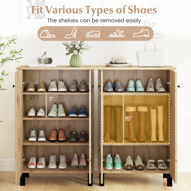 4-Tier Shoe Organizer with Removable Shelves and 2 Doors, Natural