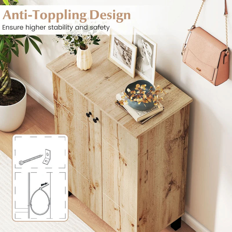 4-Tier Shoe Organizer with Removable Shelves and 2 Doors, Natural
