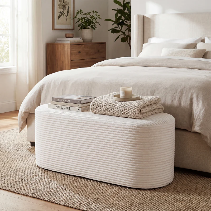 Upholstered Ottoman Bench with High-Density Sponge, Beige