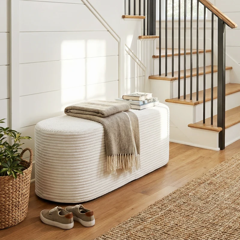 Upholstered Ottoman Bench with High-Density Sponge, Beige