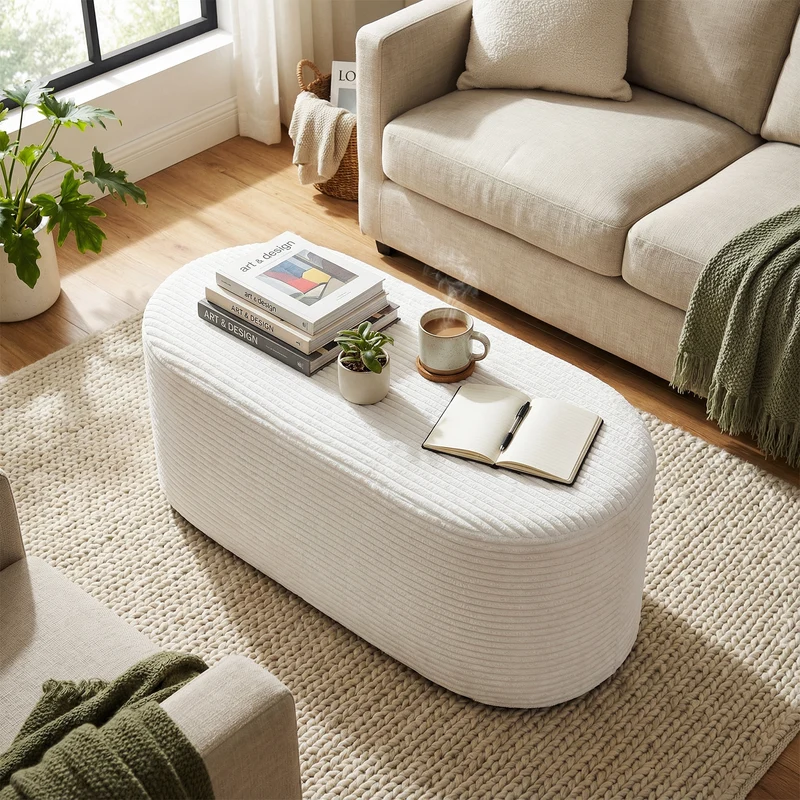 Upholstered Ottoman Bench with High-Density Sponge, Beige