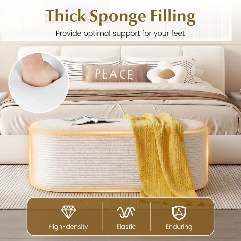 Upholstered Ottoman Bench with High-Density Sponge, Beige
