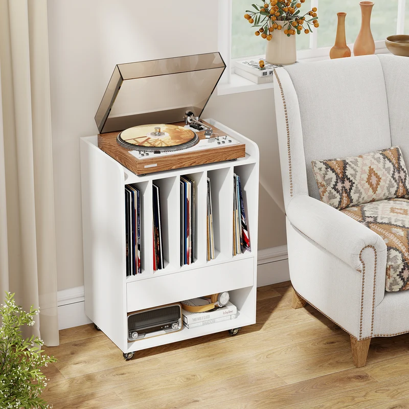 Record Player Stand Turntable Stand with Drawer and Record Holder, White