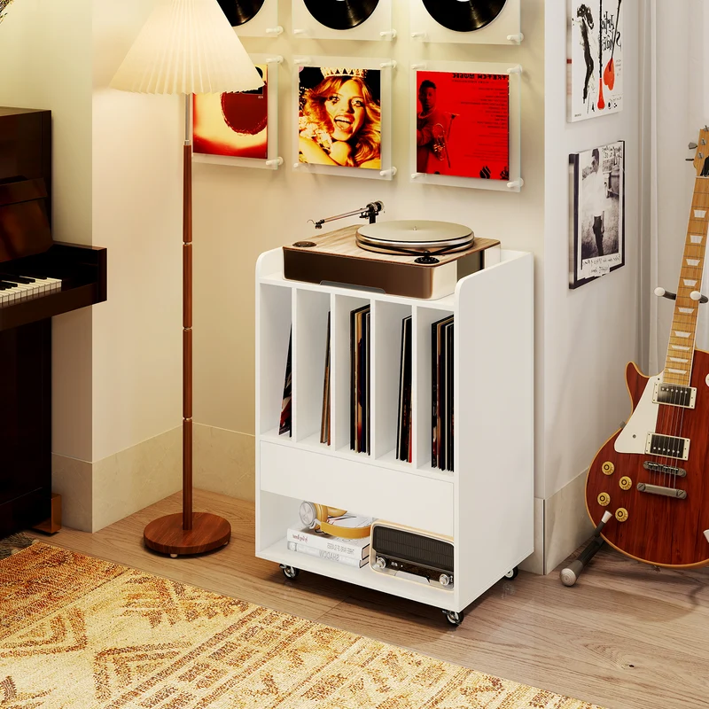 Record Player Stand Turntable Stand with Drawer and Record Holder, White