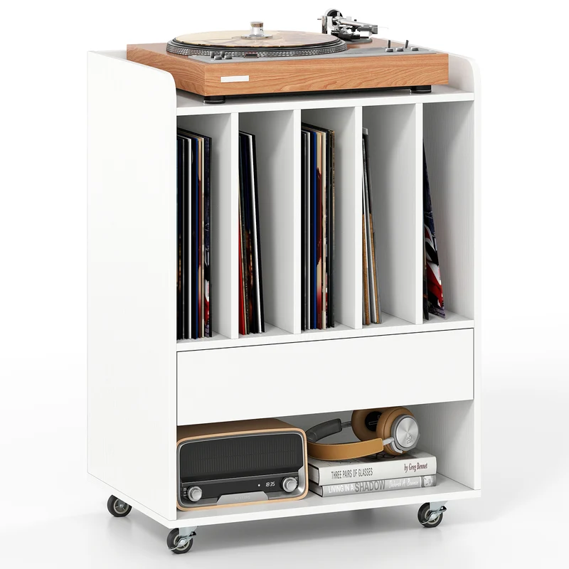 Record Player Stand Turntable Stand with Drawer and Record Holder, White