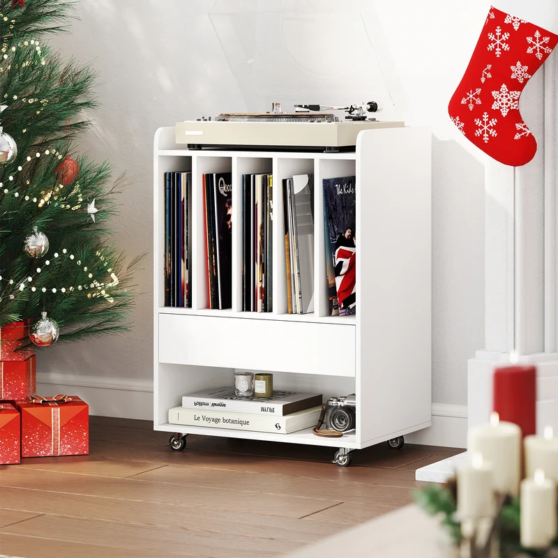 Record Player Stand Turntable Stand with Drawer and Record Holder, White