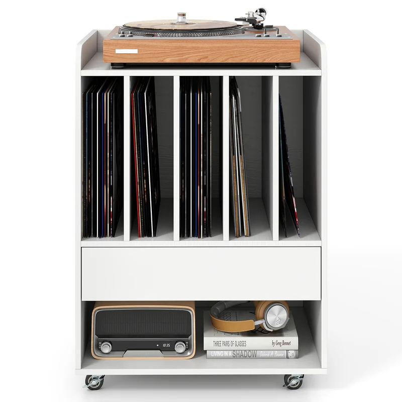Record Player Stand Turntable Stand with Drawer and Record Holder, White