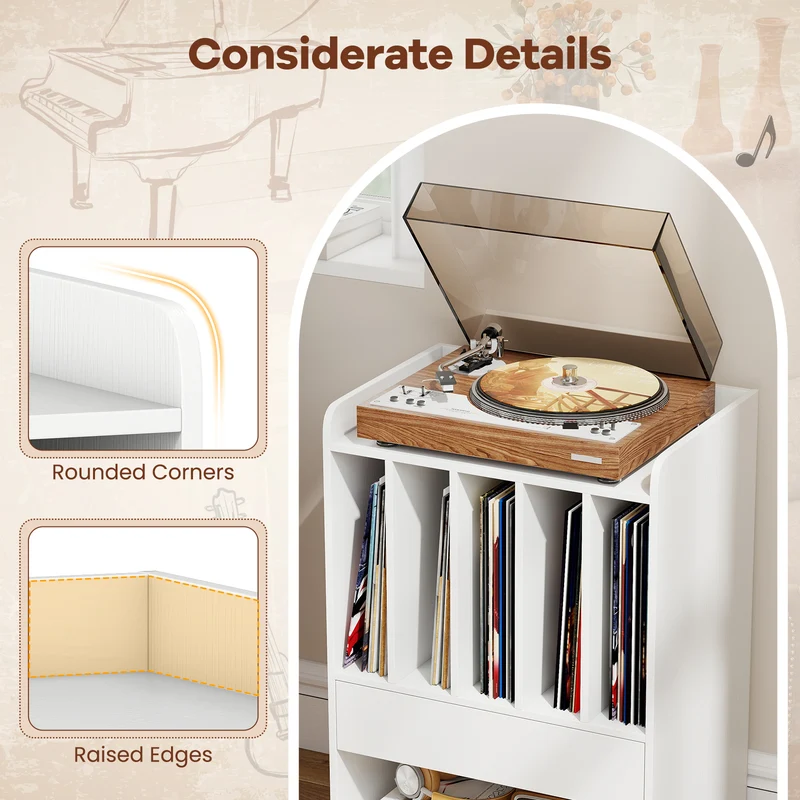 Record Player Stand Turntable Stand with Drawer and Record Holder, White
