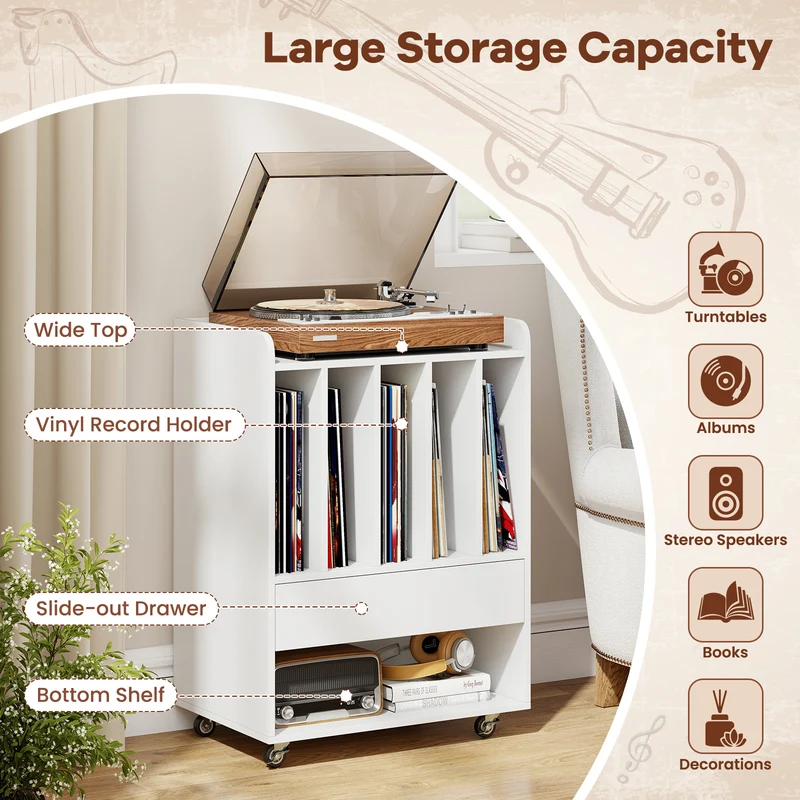 Record Player Stand Turntable Stand with Drawer and Record Holder, White