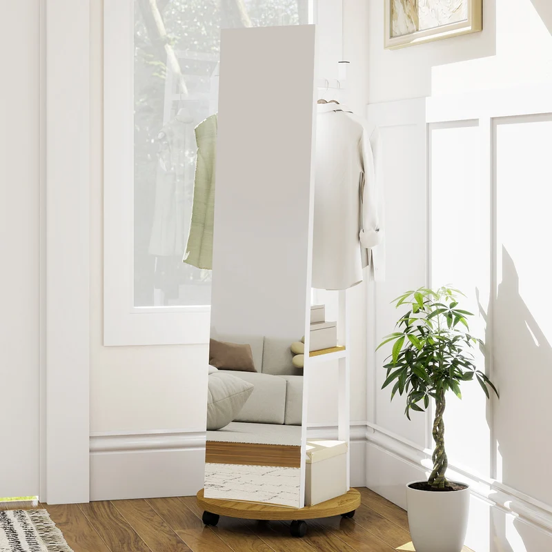 Coat Rack with Full Length Mirror Freestanding Coat Tree with 3 Hooks, Natural