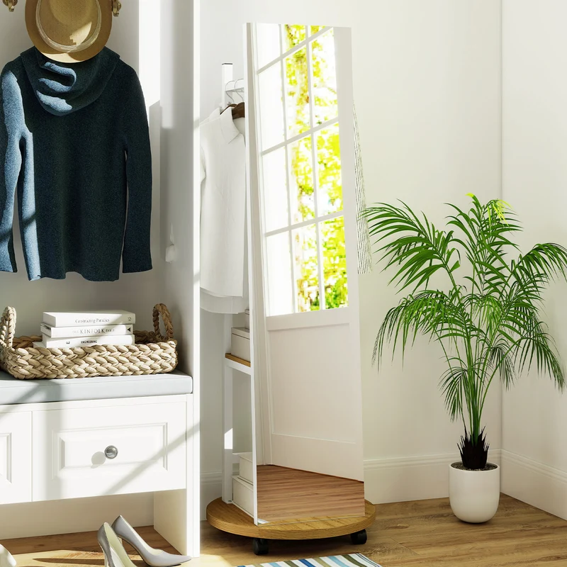 Coat Rack with Full Length Mirror Freestanding Coat Tree with 3 Hooks, Natural