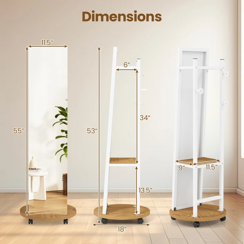 Coat Rack with Full Length Mirror Freestanding Coat Tree with 3 Hooks, Natural