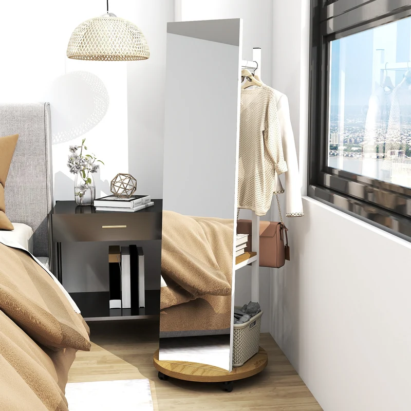 Coat Rack with Full Length Mirror Freestanding Coat Tree with 3 Hooks, Natural