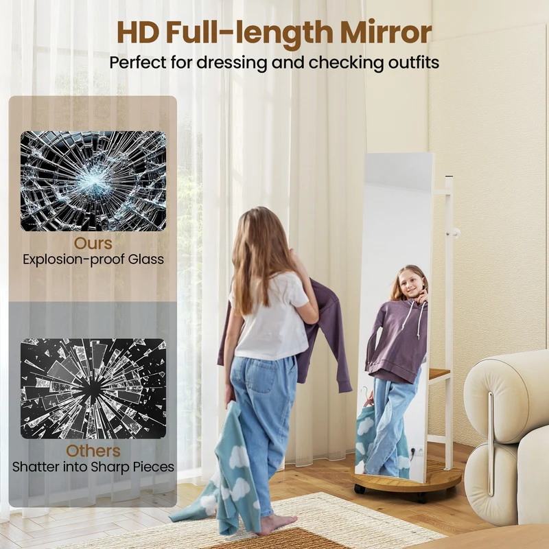 Coat Rack with Full Length Mirror Freestanding Coat Tree with 3 Hooks, Natural