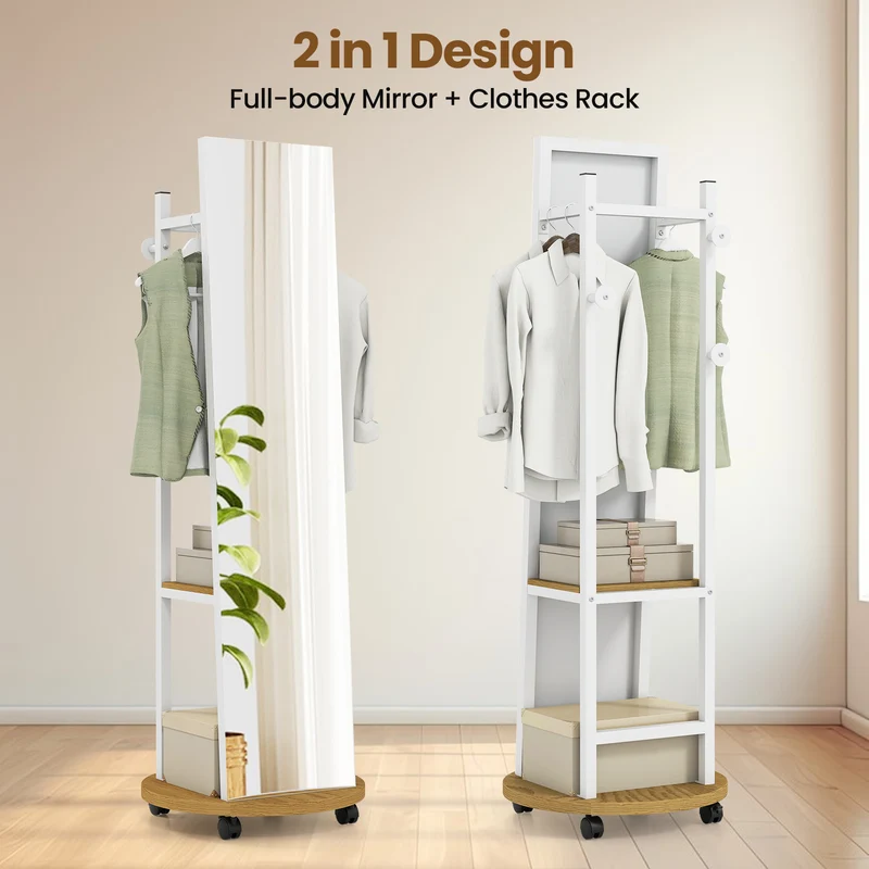 Coat Rack with Full Length Mirror Freestanding Coat Tree with 3 Hooks, Natural