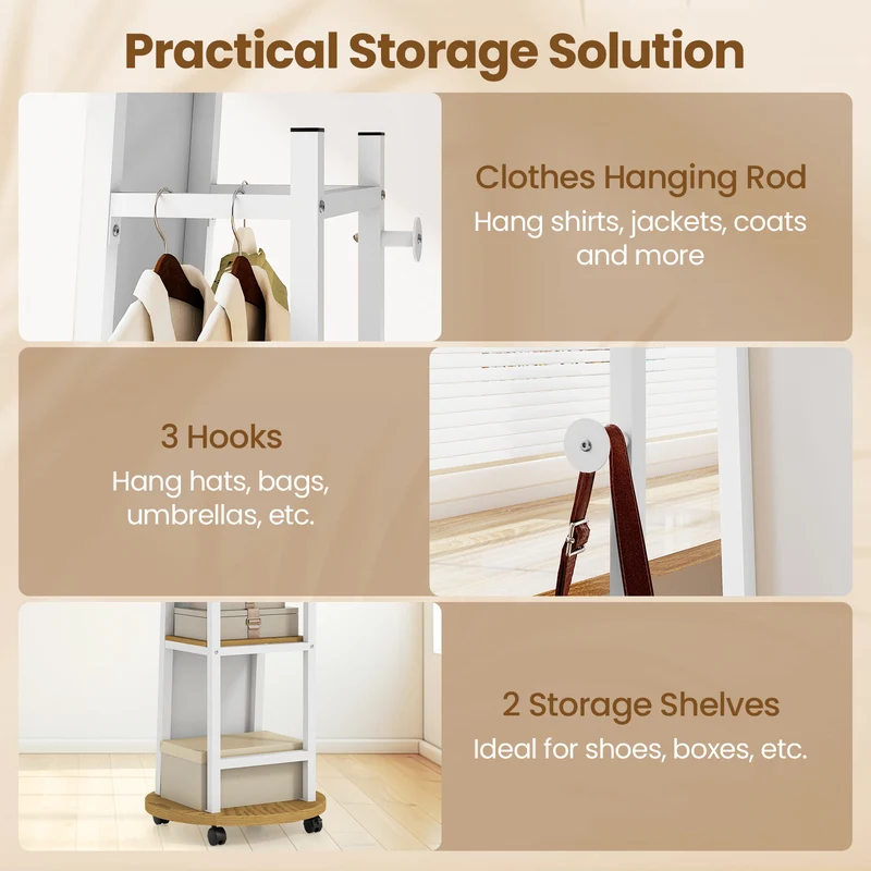 Coat Rack with Full Length Mirror Freestanding Coat Tree with 3 Hooks, Natural